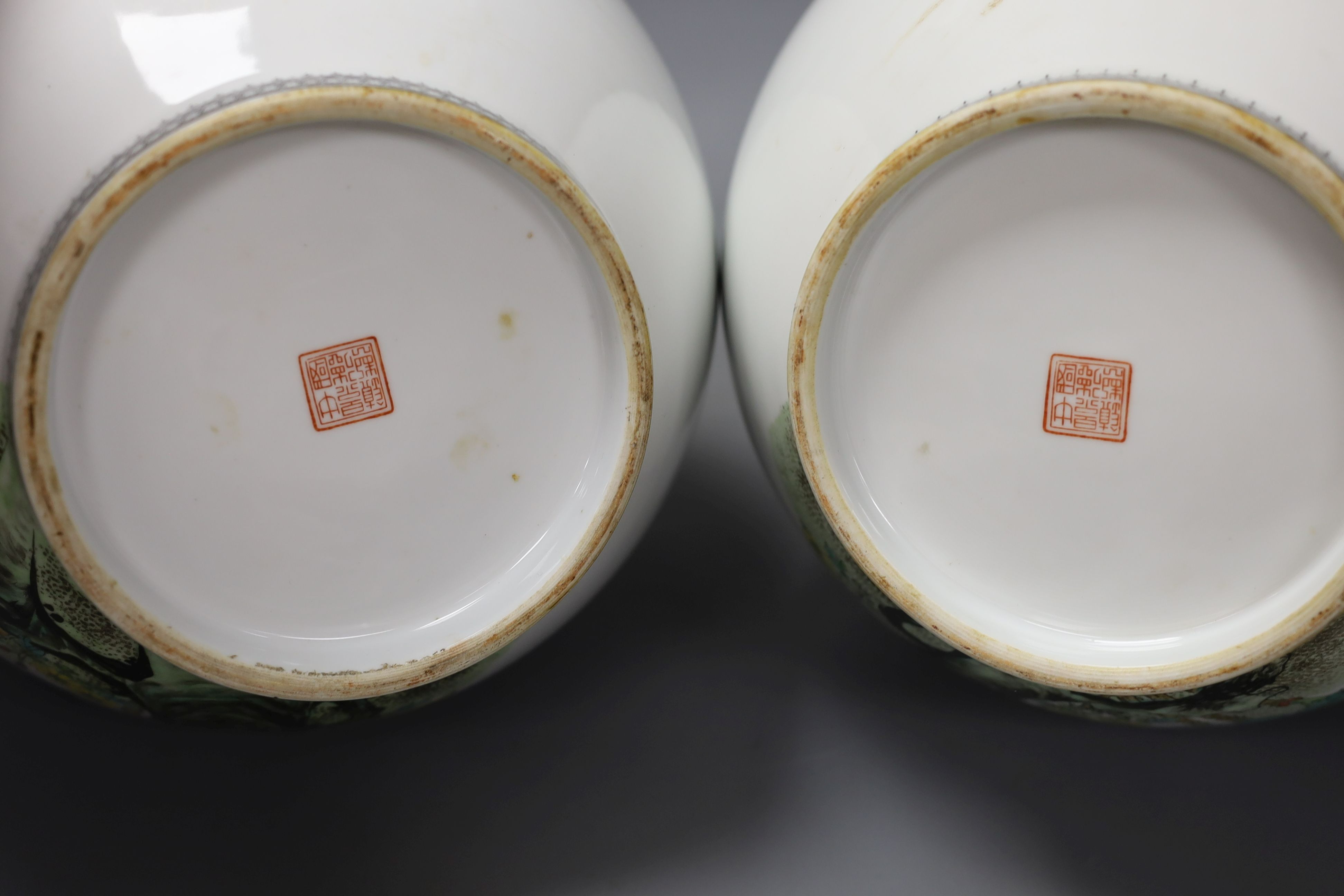 A pair of large Chinese famille rose peacock inscribed vases - 50cm tall